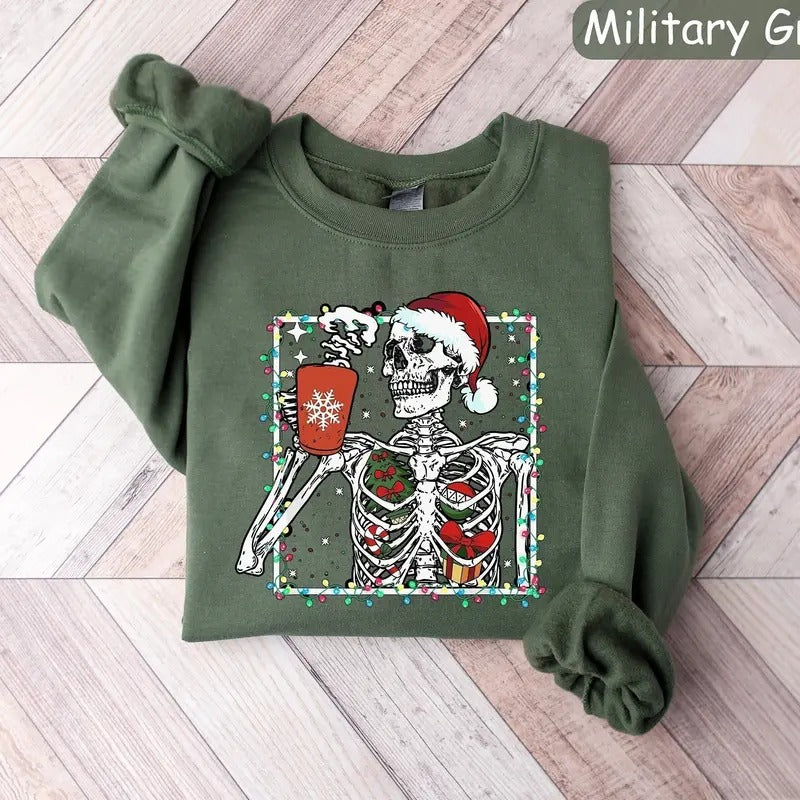 Christmas Skeleton Sweatshirt Christmas Coffee Shirt Coffee Lover Gift Christmas Crewneck Holiday Sweater New Year Shirt Xmas Tshirt