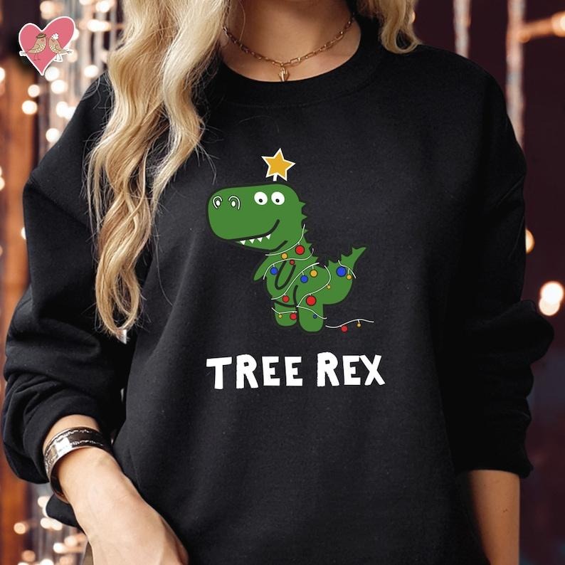 Christmas TREE REX Jumper Ugly Dinosaur Funny Xmas Light, Merry Christmas Hoodie and Sweater; T-shirt Cotton Polyester Womenswear Solid