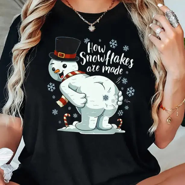 Christmas Themed T-Shirt, "How Snowflakes are Made" Print, Cotton Tshirt, Casual Round Neck Short Sleeve Top, All-Season, Ladies' Leisure Sportswear