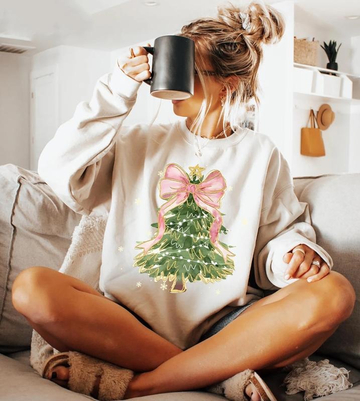 Christmas Tree Bow Sweatshirt, Coquette Pink Bow Christmas T-Shirt, Pink Christmas Sweater, Pink Bow Xmas Tree Tee Shirt, Holiday Coquette Shirt