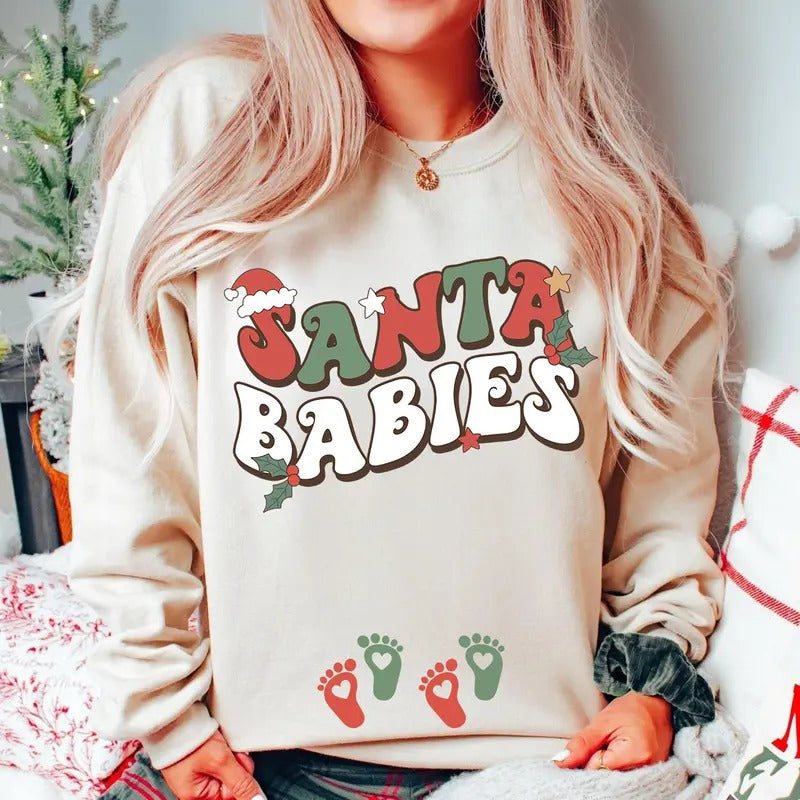 Christmas Twins Pregnancy Announcement Sweatshirt, Santa Babies Maternity Shirt, Baby Reveal Tee, New Mom Holiday Outfit