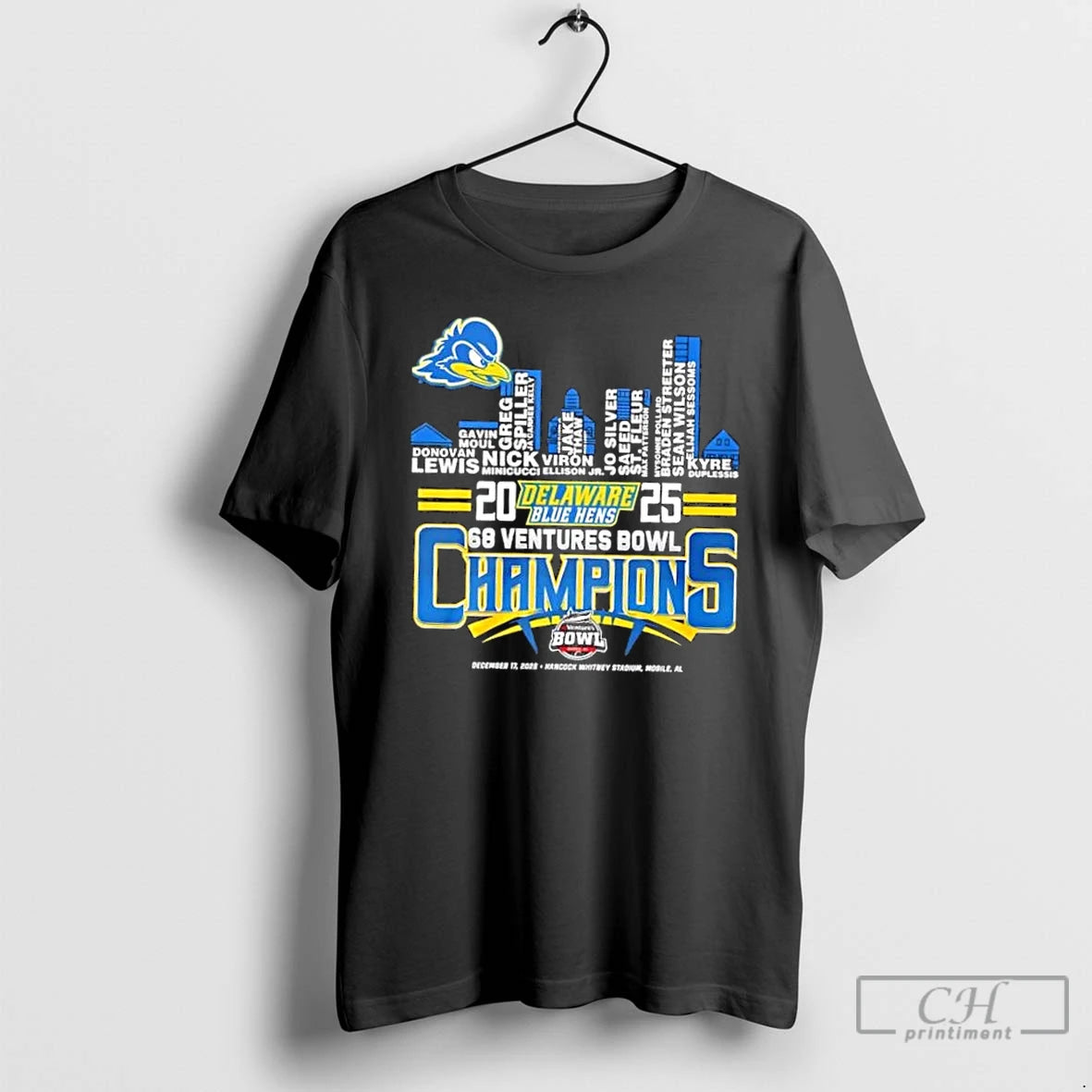 Classic 2025 68 Ventures Bowl Champions Delaware Blue Hens All Names City Skyline T Shirts