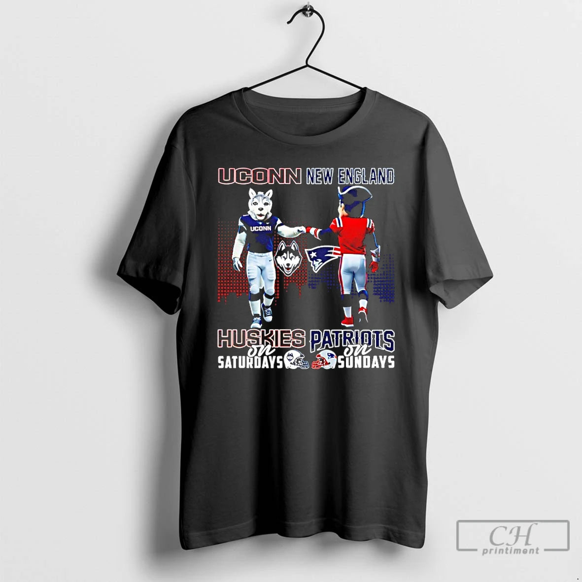 Classic Connecticut Huskies On Saturdays Vs New England Patriots On Sundays Mascot Skyline T Shirts