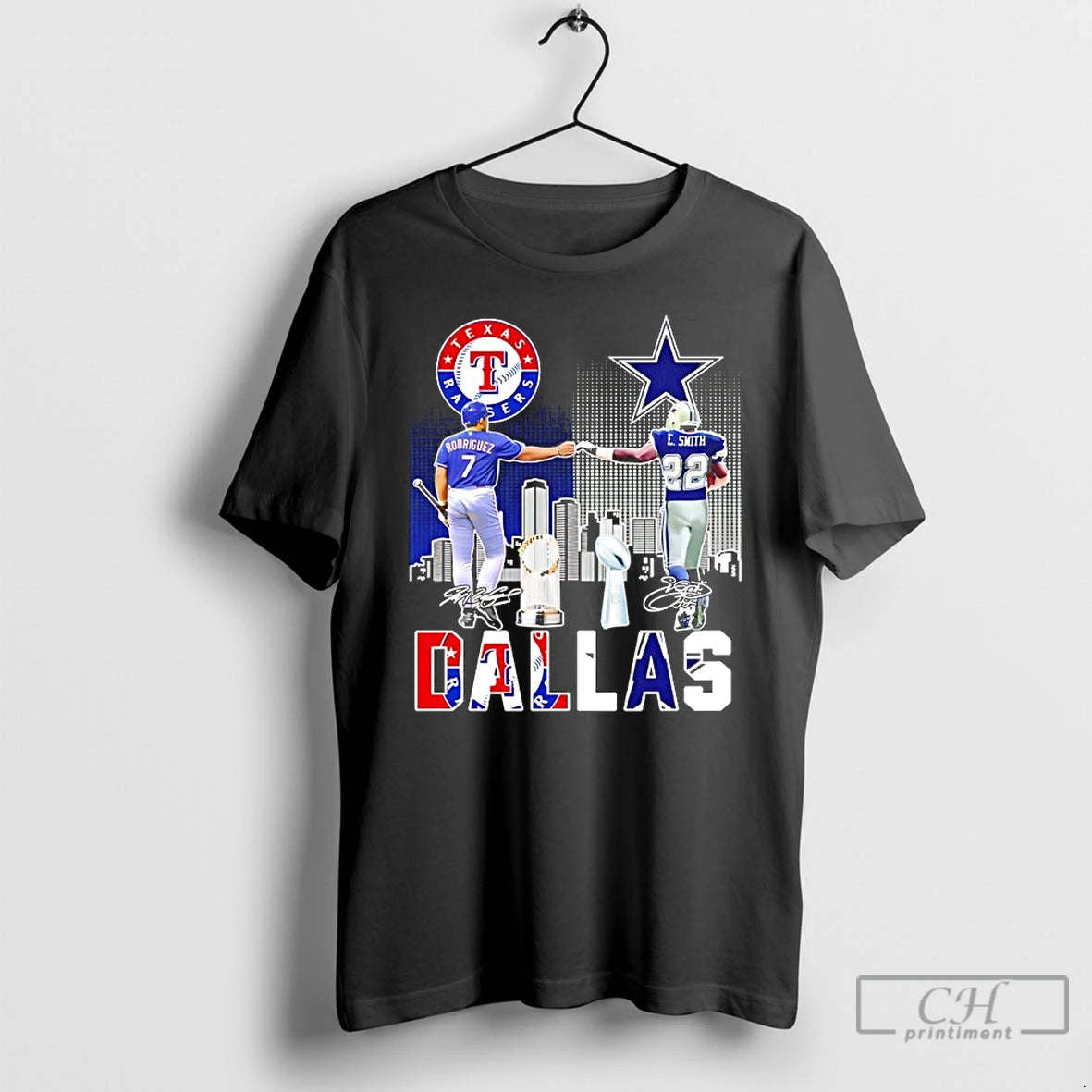 Classic Sports In Dallas Rangers Rodriguez And Cowboys E Smith Signatures T-Shirts, Hoodie, Sweatshirt | WearSparks.com
