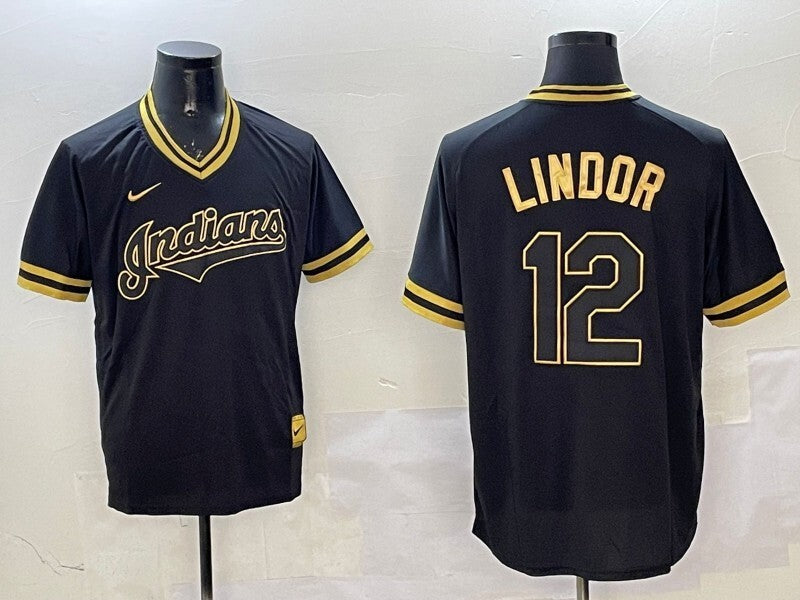 Cleveland Guardians #12 Francisco Lindor Indians Black Gold Adult