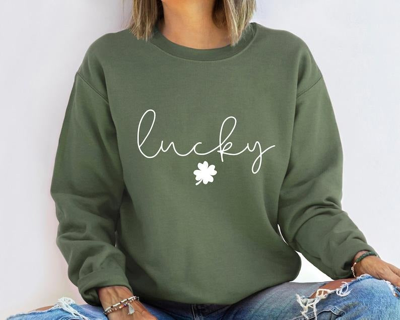 Clover Sweatshirt, St Patricks Day Sweatshirt, Saint Patrick's Pullover, Lucky Sweater, Clovers, Simple Holiday Hoodie and Sweater; T-shirt Cotton Womenswear Light Polyester Light Polyester Solid Tops Underwear Lady