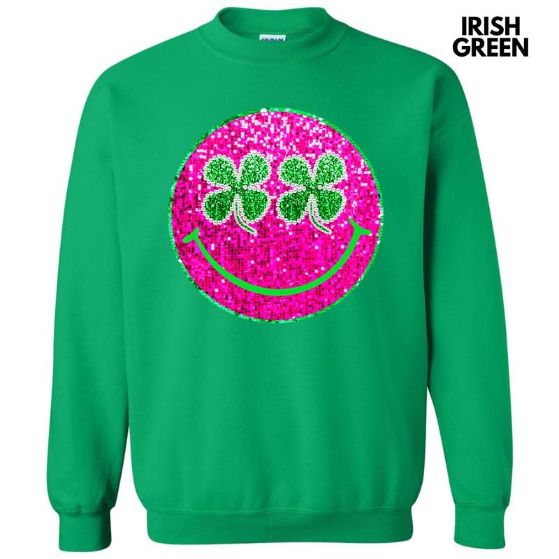 Clovers & Pink Faux Glitter Happy Face Sweatshirt 'NLB' T-Shirts, Hoodie | WearSparks.com