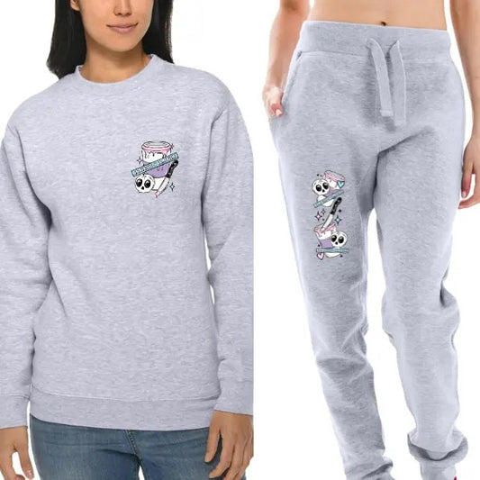 "Coffee & Crime Scenes" Mix & Match Sweatpants Set, Retro Long Sleeve Crewneck, Causal Goth Pullover for Coffee Drinkers, Skull, Loungewear