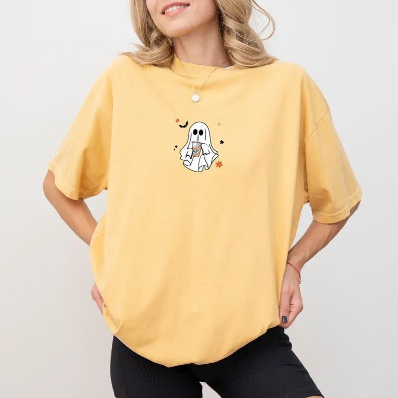 Coffee Lover Tee, Coffee fall Vibes Graphic T-shirt, Little Ghost Drinking Iced Coffee Unhinged Shirt, Fall Outfits,...