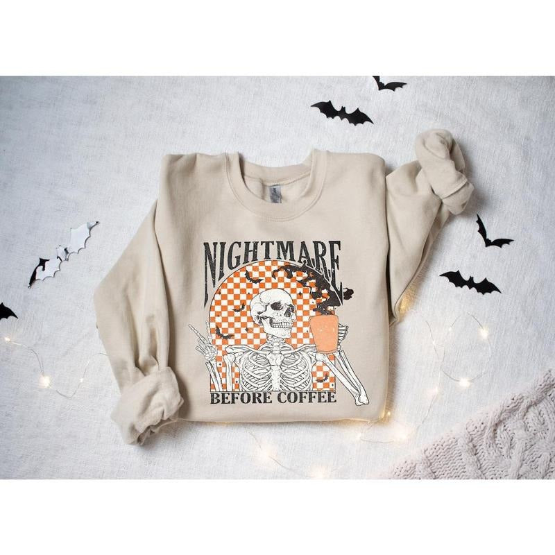 Coffee Sweatshirt, Funny Halloween Sweatshirt, Skeleton Halloween Shirt Coffee Fall Shirt