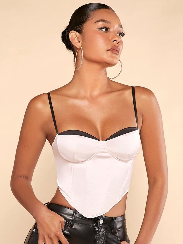 Color Block Corset Crop Top Spaghetti Strap Hanky Hem Bustier TopsY2K