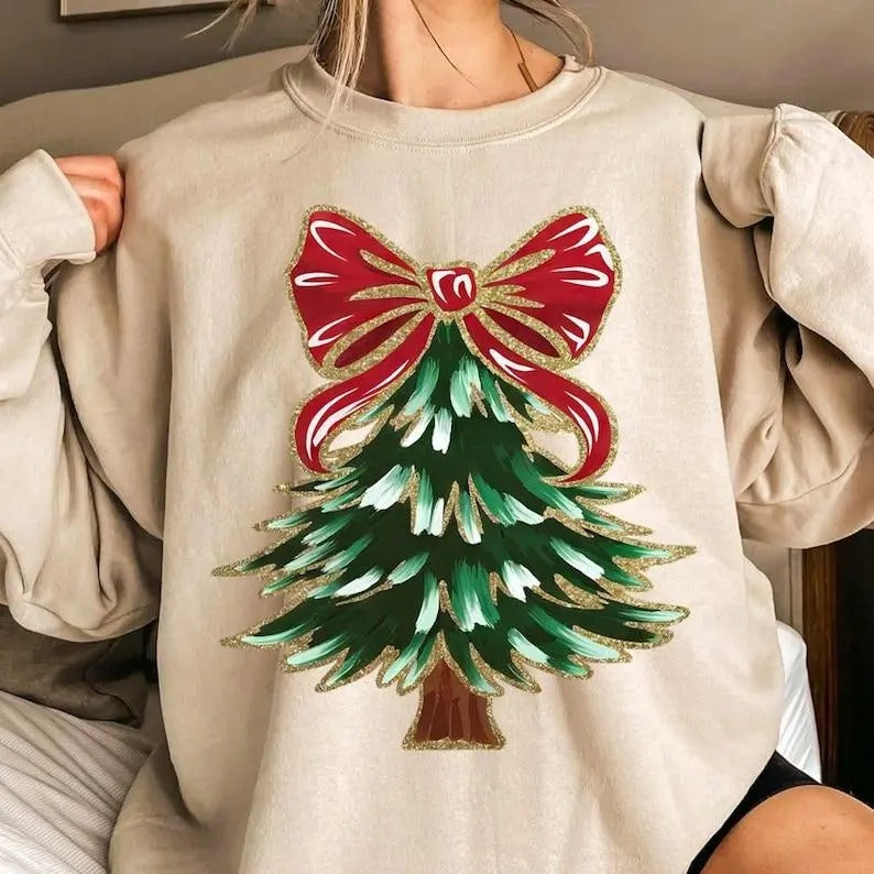 Colorful Coquette Glitter Christmas Tree Sweatshirt, Hoodie, T - Shirt, Girly Christmas Tree Design, Bright Color Christmas Coquette Bow