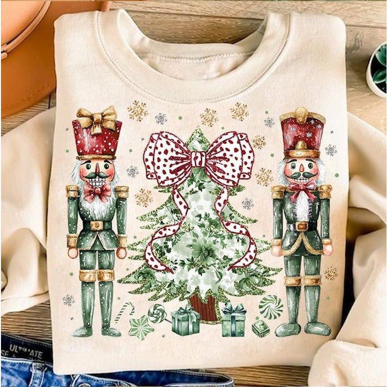 Colorful Gold Glitter Chinoiserie Christmas Tree Shirt, Coquette Green Millennial Christmas Shirt, Christmas Nutcrackers Shirt, Preppy Christmas