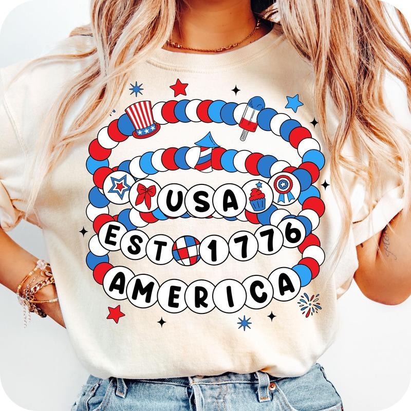 Comfort Colors America Friendship Bracelet T-Shirt, Preppy 4th of July USA TShirt, Girly 4th of July Shirt, 1776 T-Shirt, America T-Shirt