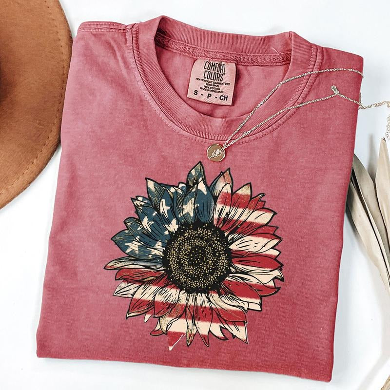 Comfort Colors America Sunflower Shirt, USA Flag Flower T-Shirt, Gift For American, 4th Of July Flag Graphic T-Shirt, Independence Shirt