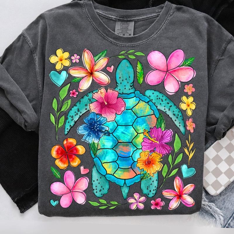 Comfort Colors Boho Floral Sea Turtle T-Shirt, Summer T-Shirt, Brushstroke Turtle Shirt, Beach T-Shirt, Fisherman...