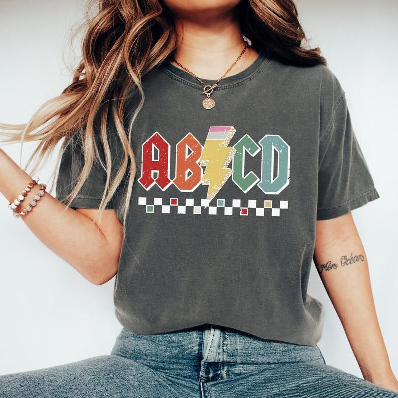 Comfort Colors Checkered ABCD Teacher Shirt, Kindergarten Teacher T-Shirt, Back To School T-Shirt, Elementary School Shirt