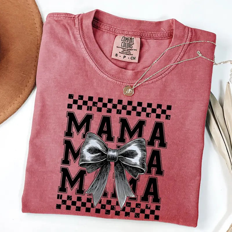 Comfort Colors Checkered Coquette Bow Mama Shirt, Retro Mama T-Shirt, Mother's Day Gift, New Mom Gift