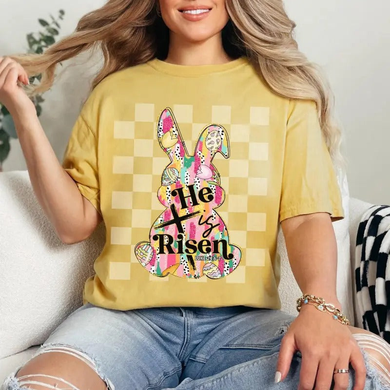 Comfort Colors Checkered Easter Bunny Shirt, Easter Egg Hunt Tee, He is Risen Shirt, Colorful Brushstroke Shirt