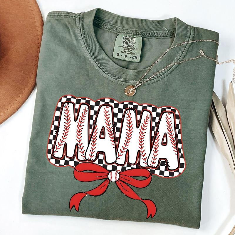 Comfort Colors Checkered Mama Bow Shirt, Baseball Mama Shirt, Gift For Baseball Lover Mom Shirt, Mothers Day Gift