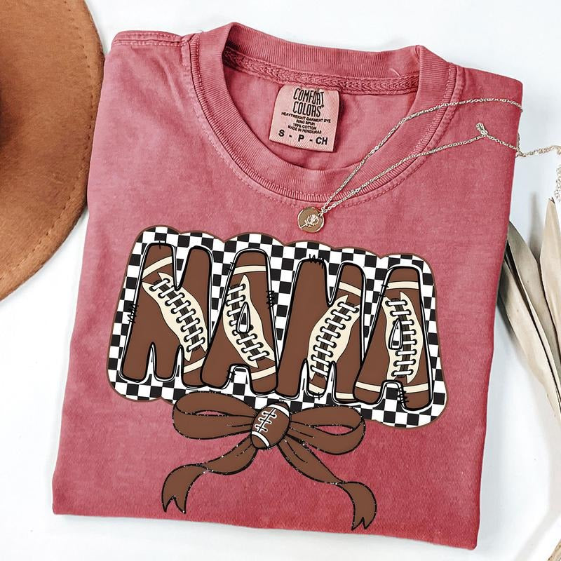 Comfort Colors Checkered Mama Coquette Shirt, Football Mama Bow Shirt, Gift For Football Lover Mom Shirt, Mothers Day Gift