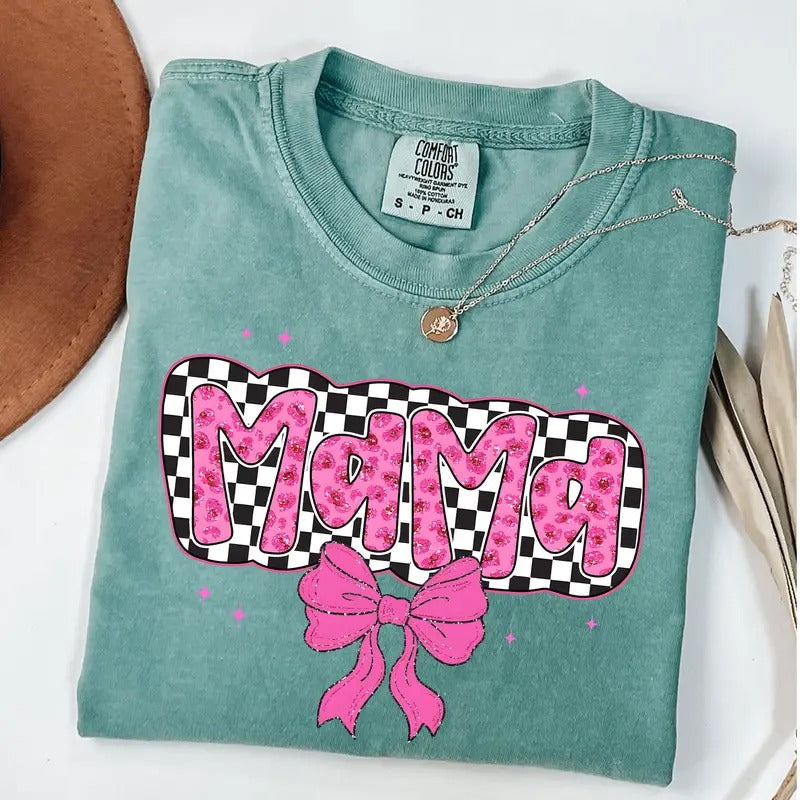 Comfort Colors Checkered Mama Coquette Shirt, Mama Pink Bow T-shirt, Gift for Mom, New Mom Gift