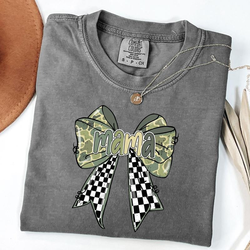 Comfort Colors Checkered Mama Shirt, Camo Coquette Bow Shirt, Mama Camo Tee, Mother's Day Gift