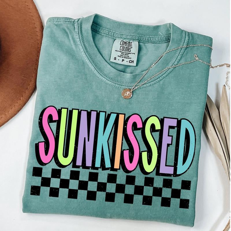 Comfort Colors Checkered Neon Sunkissed T-Shirt, Beach Vibes Shirt, Colorful Summertime Tee
