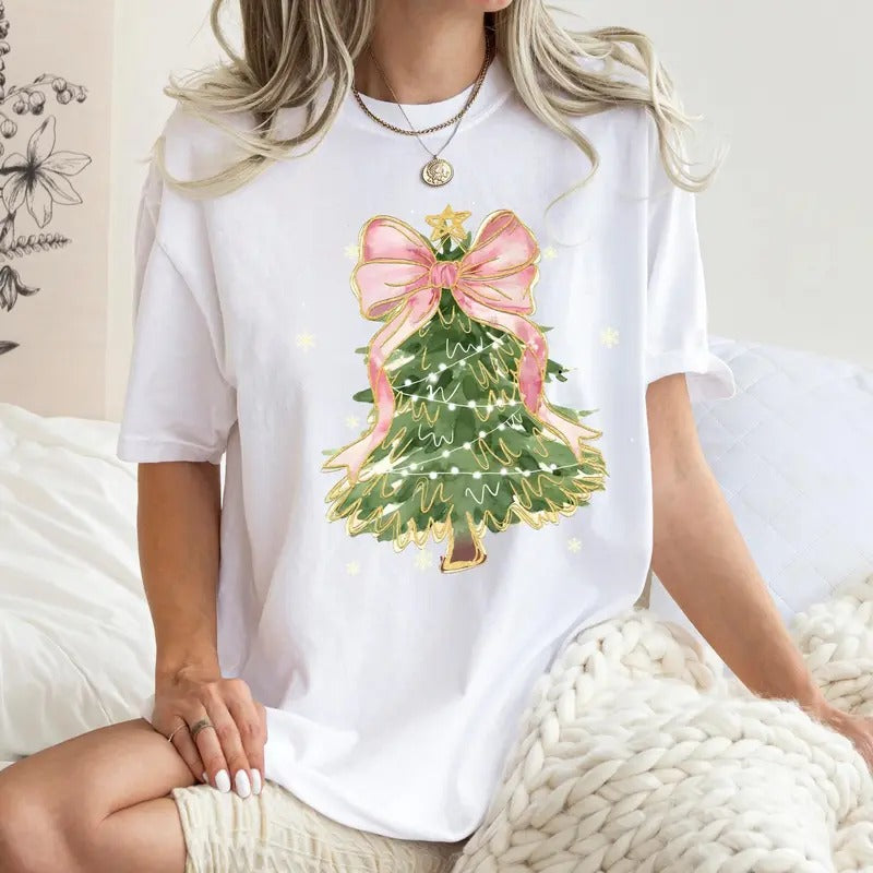 Comfort Colors Christmas Tree Bow Shirt, Christmas Shirt for Women, Christmas Coquette Shirt