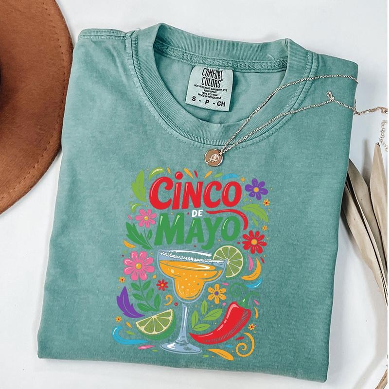 Comfort Colors Cinco de Mayo Shirt, Margarita Glass Mexican Fiesta T-Shirt, Spicy Pepper Lime Tee, Floral Party Shirt