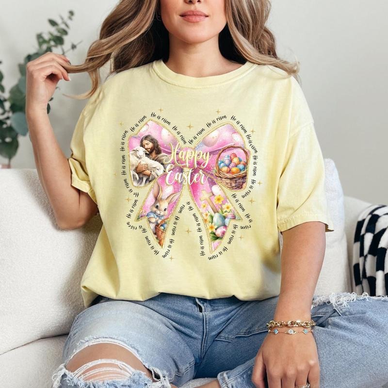 Comfort Colors Coquette Easter Shirt He Is Risen Shirt Jesus Easter Gift Happy Easter T-Shirt For Women Outfit