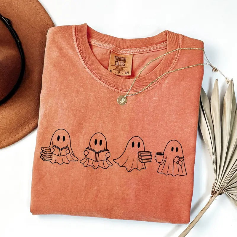 Comfort Colors Cute Ghost Reading Books Shirt, Women's Halloween Shirt, Books Lover Halloween Shirt, Bookish Halloween Shirt, Spooky Season