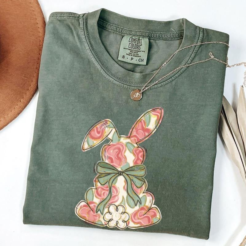 Comfort Colors Floral Easter Shirt, Coquette Bow Easter T-shirt, Rabbit Shirt, Easter Shirts for Women