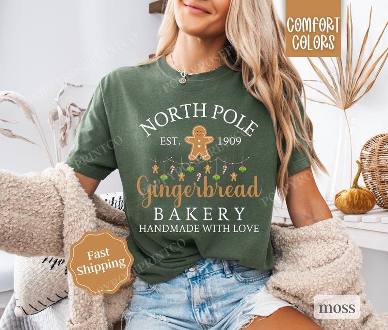 Comfort Colors Gingerbread Bakery Shirt for Women, North Pole Christmas T-shirt - Cotton, Fabric