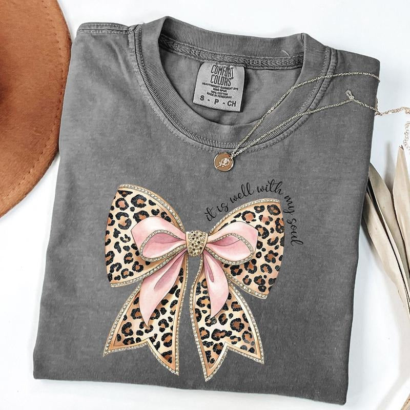 Comfort Colors It Is Well With My Soul Shirt, Pink Coquette Bow Religious Shirt, Coquette Bible Verse T-Shirt, Coquette Christian, Leopard Bow Tee