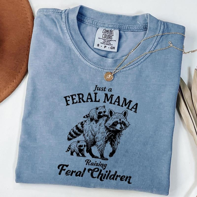 Comfort Colors Just A Feral Mama Raising Feral Children Shirt, Funny Mother's Day Shirt, Retro Raccoons Graphic Tee, Cute Gift For Mom