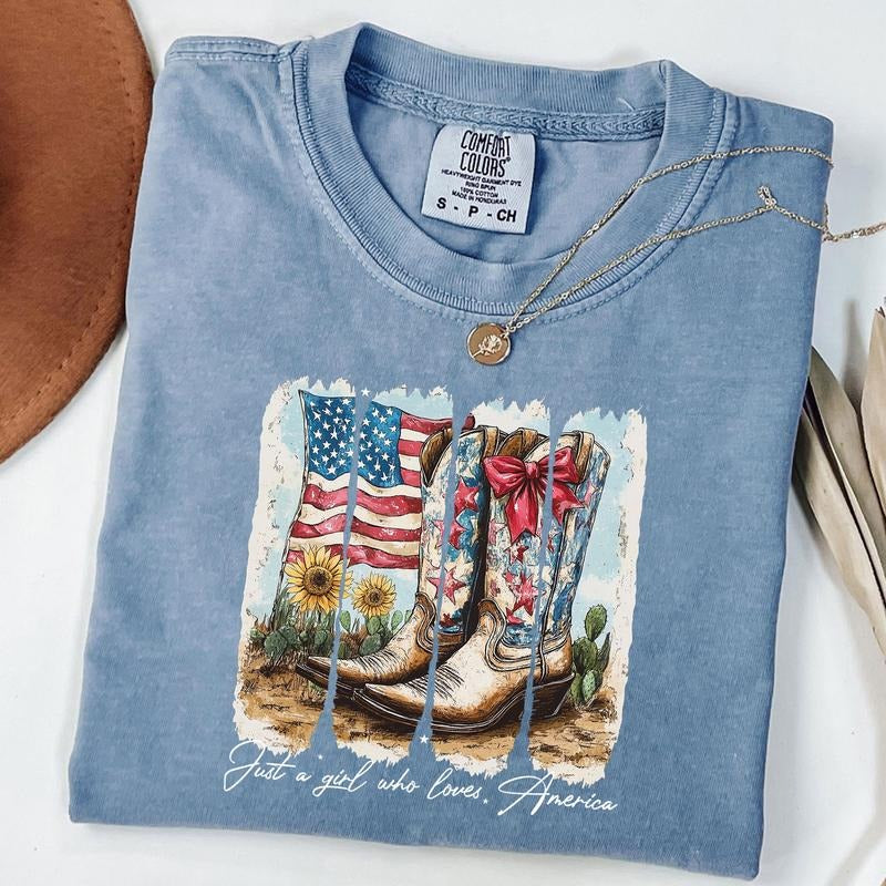 Comfort Colors Just a Girl Who Loves America Shirt, America Western Shirt, 4th Of july T-Shirt, Cowgirl Usa 4th of July T-Shirt, Unisex T-Shirt