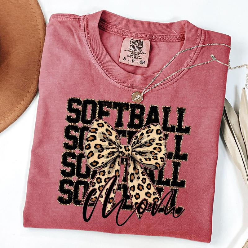 Comfort Colors Leopard Bow Softball Mom Shirt, Softball Mama Shirt, Game Day Softball Shirt, Unisex T-Shirt