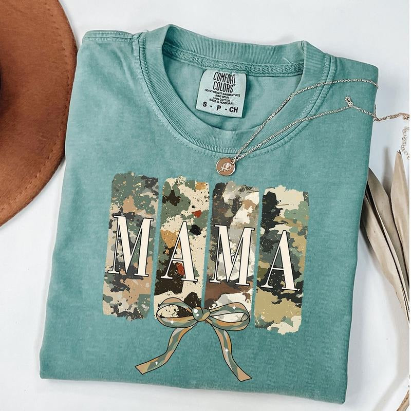 Comfort Colors Mama Camo Coquette Bow Shirt, Old School Camo Shirt, Girls Camo Bow T-shirt, Retro Hunting Mama Tee