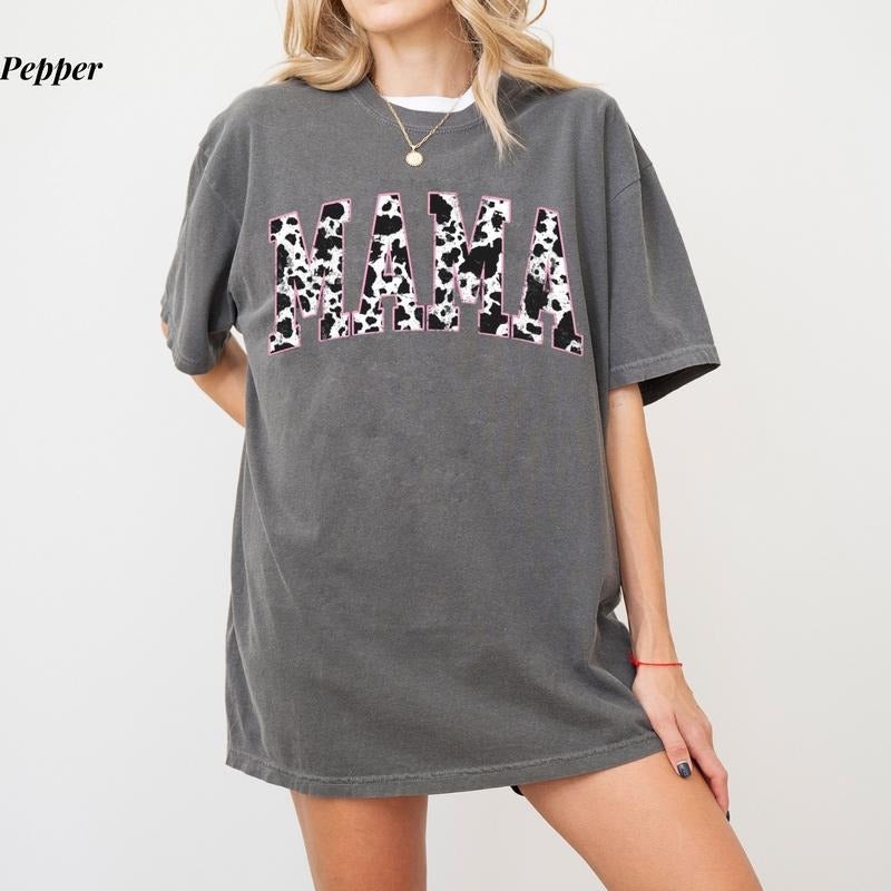 Comfort Colors Mama Pink Cow Western T-Shirt, Retro Varsity Mom Shirt, Ultra Soft Cotton Tee, Everyday Casual Wear