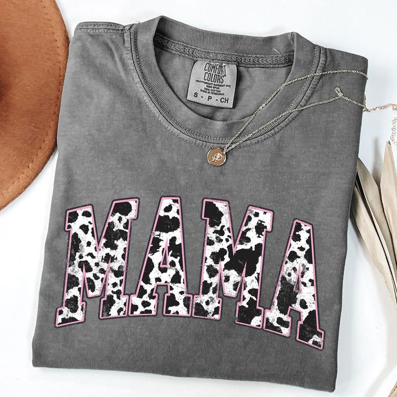 Comfort Colors Mama Pink Cow Western T-shirt, Western Mama Shirt, Retro Mama Varsity Shirt, Cow Print Tee, Gift For Mothers Day