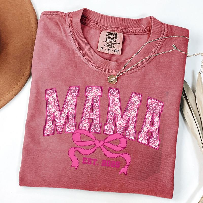 Comfort Colors Mama Pink Floral Shirt, Mama Varsity Shirt, Pink Mama Est 2025 Coquette T-Shirt, Gift for Mom