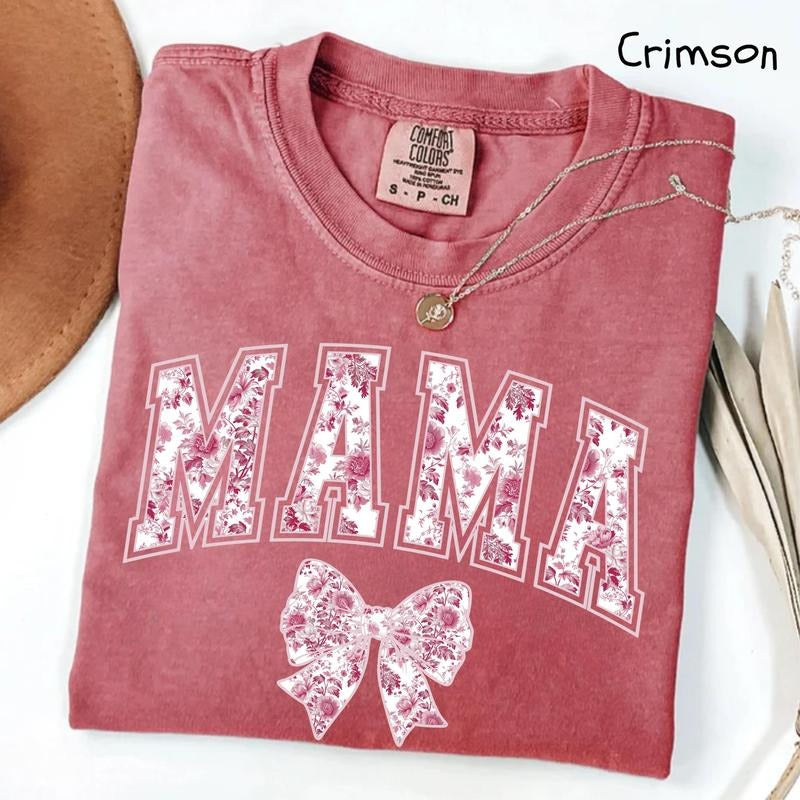 Comfort Colors Mama T-Shirt, Pink Ribbon T-Shirt, Mothers Day Gift, Girly Aesthetic Gift For Mom, Cute Mom T-Shirt, Bow...