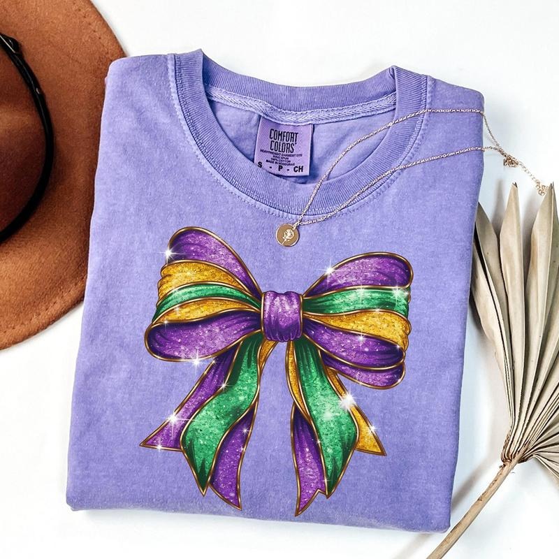 Comfort Colors Mardi Gras Coquette Bow Shirt, Mardi Gras Shirt, Mardi Beads Louisiana Festival Shirt Cotton Fashion