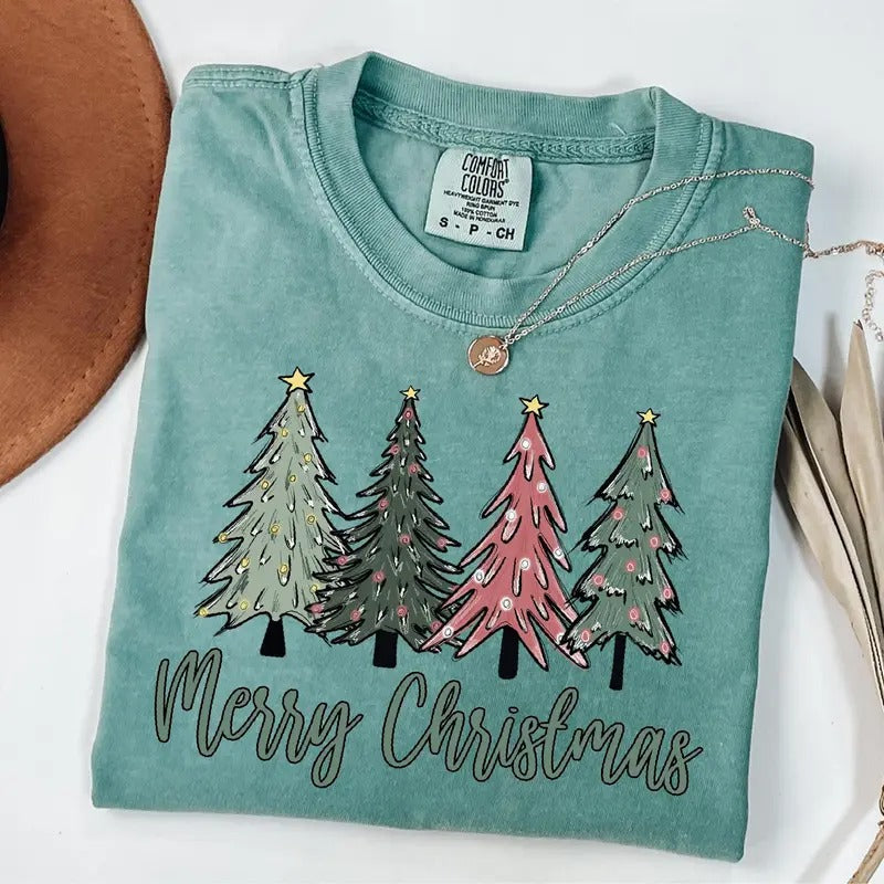 Comfort Colors Merry Christmas Tree Shirt, Merry & Bright T-Shirt, Cute Christmas Gift, Christmas Family Shirt, Womens Holiday T-Shirt