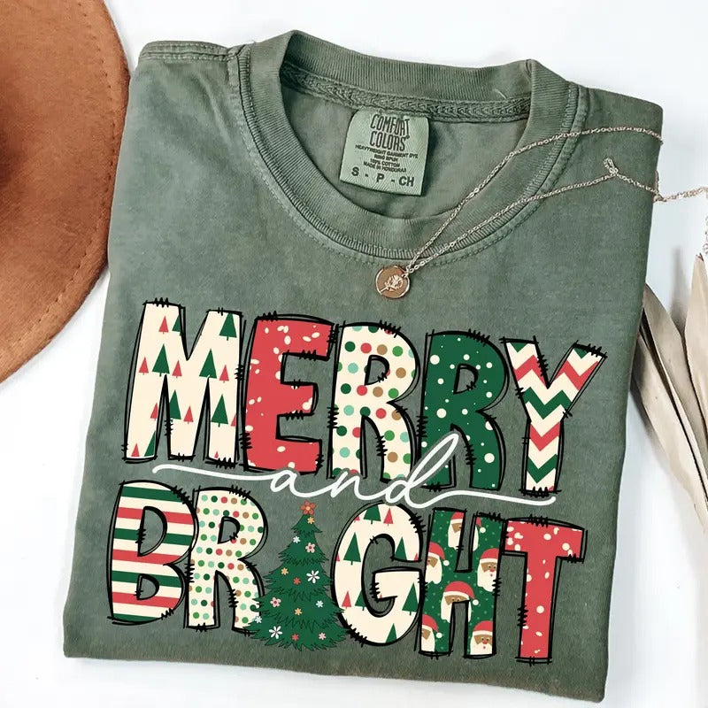 Comfort Colors Merry and Bright Christmas Shirt, Womens Christmas Shirt, Merry Christmas Tee