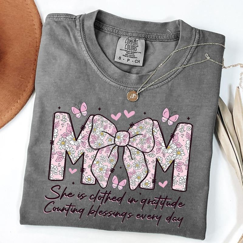 Comfort Colors Mom She is Clothed in Gratitude Shirt, Floral Mom Shirt, Mom Coquette T-Shirt, Mother's Day Gift, Unisex T-Shirt