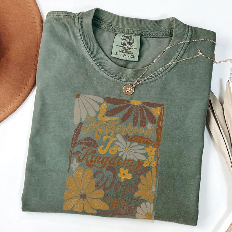 Comfort Colors Motherhood is Kingdom Work Shirt, Boho floral T-Shirt, Mother's Day Gift, Christian Shirt, Retro Christian Mom T-Shirt