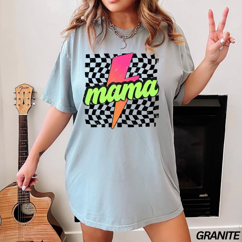 Comfort Colors Neon Mama Shirt, Checkered Mama Shirt, Mothers Day Gift, Retro Checkered Mom Tshirt, Gift for Her