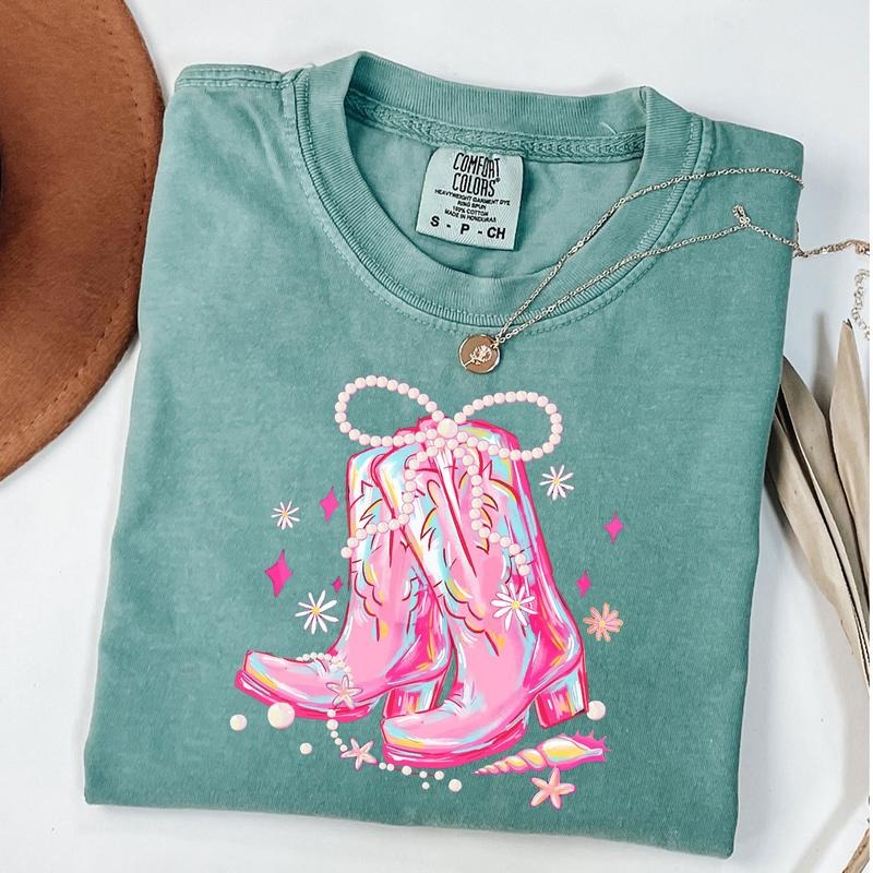 Comfort Colors Pearl Bow Cowgirl Boots Shirt, Summer Vibes Tee, Western Summer T-Shirt, Girly Summer Cowgirl Shirt
